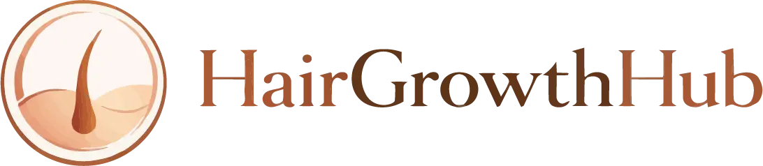 Hair Growth Hub logo with elegant hair follicle icon in terracotta tones