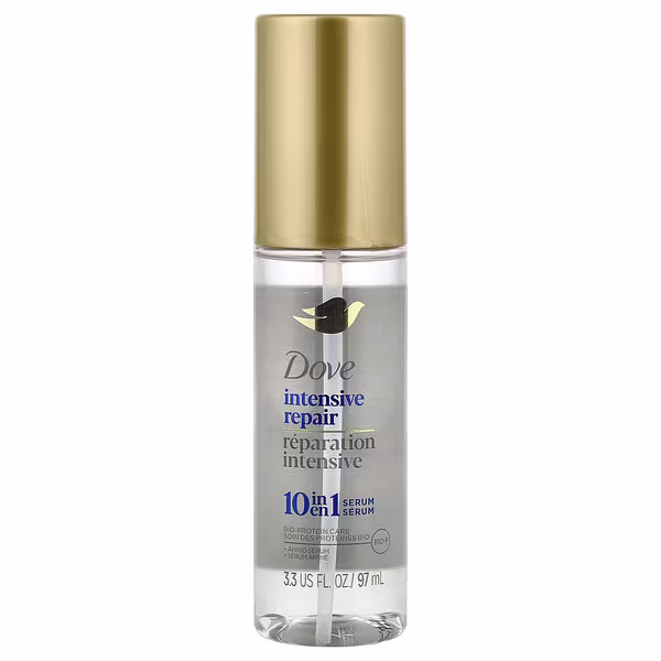 Dove Damage Therapy Intensive Repair 10-in-1 Serum recommended by Abbey Yung as an optional Step 10 style-sealing oil serum.