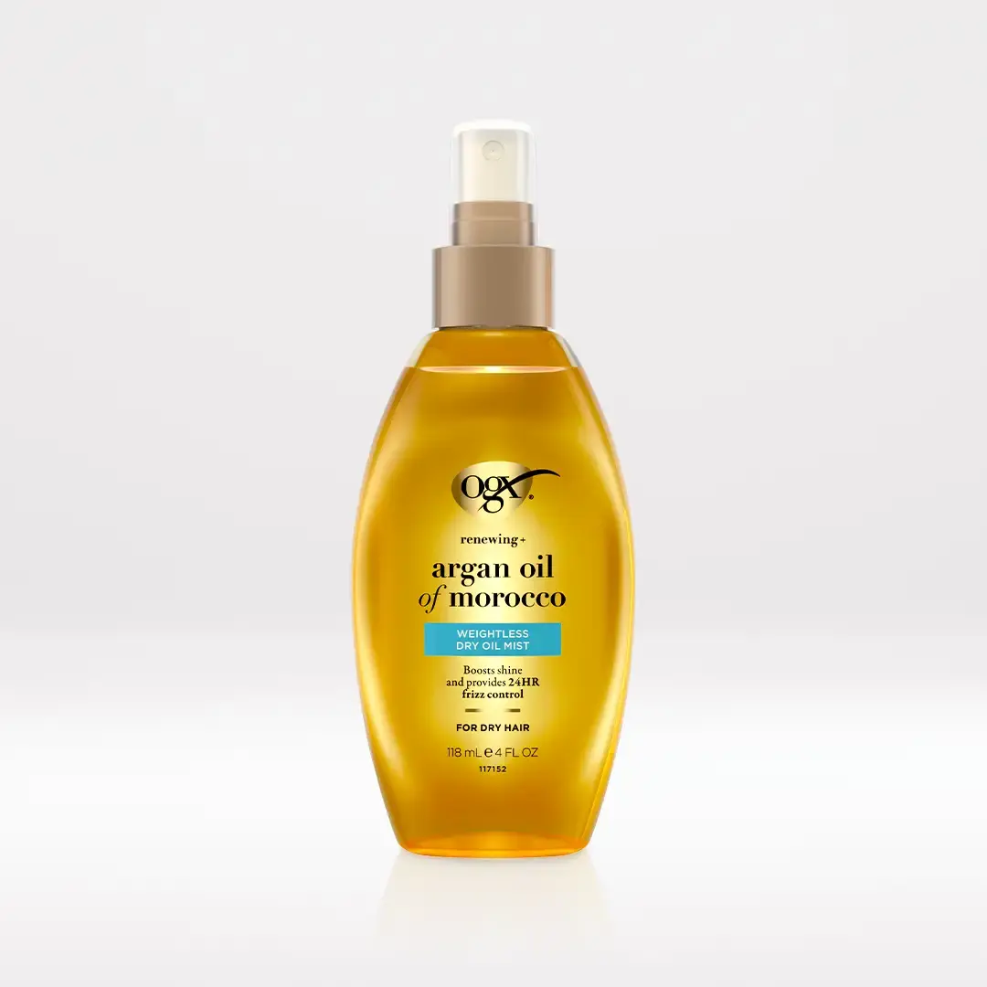OGX Arganöljy of Morocco Paino hiuksissaless Healing Kuivaöljy recommended by Abbey Yung as an optional Step 10 style-sealing oil.