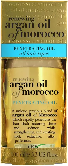 OGX Renewing Arganöljy of Morocco Täyteläinen hiusöljy recommended by Abbey Yung as an optional Step 10 style-sealing oil.