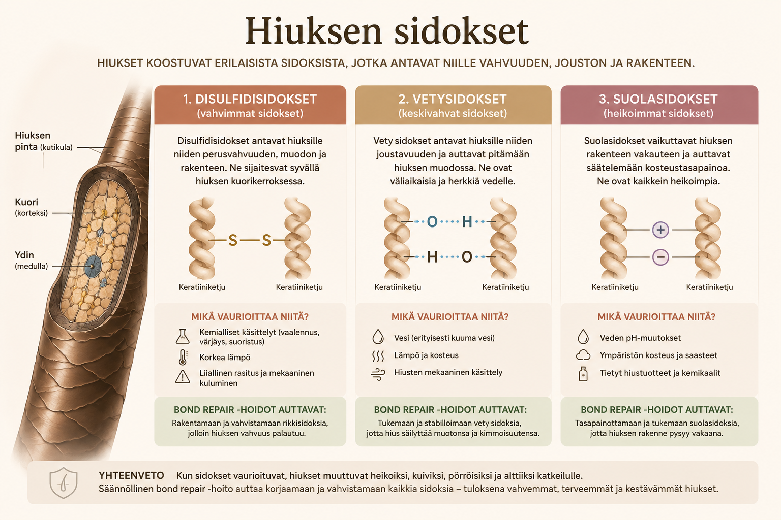 Hiuksen sidokset - infografiikka disulfidi-, vety- ja suolasidoksista sekä bond repair -hoitojen vaikutuksesta