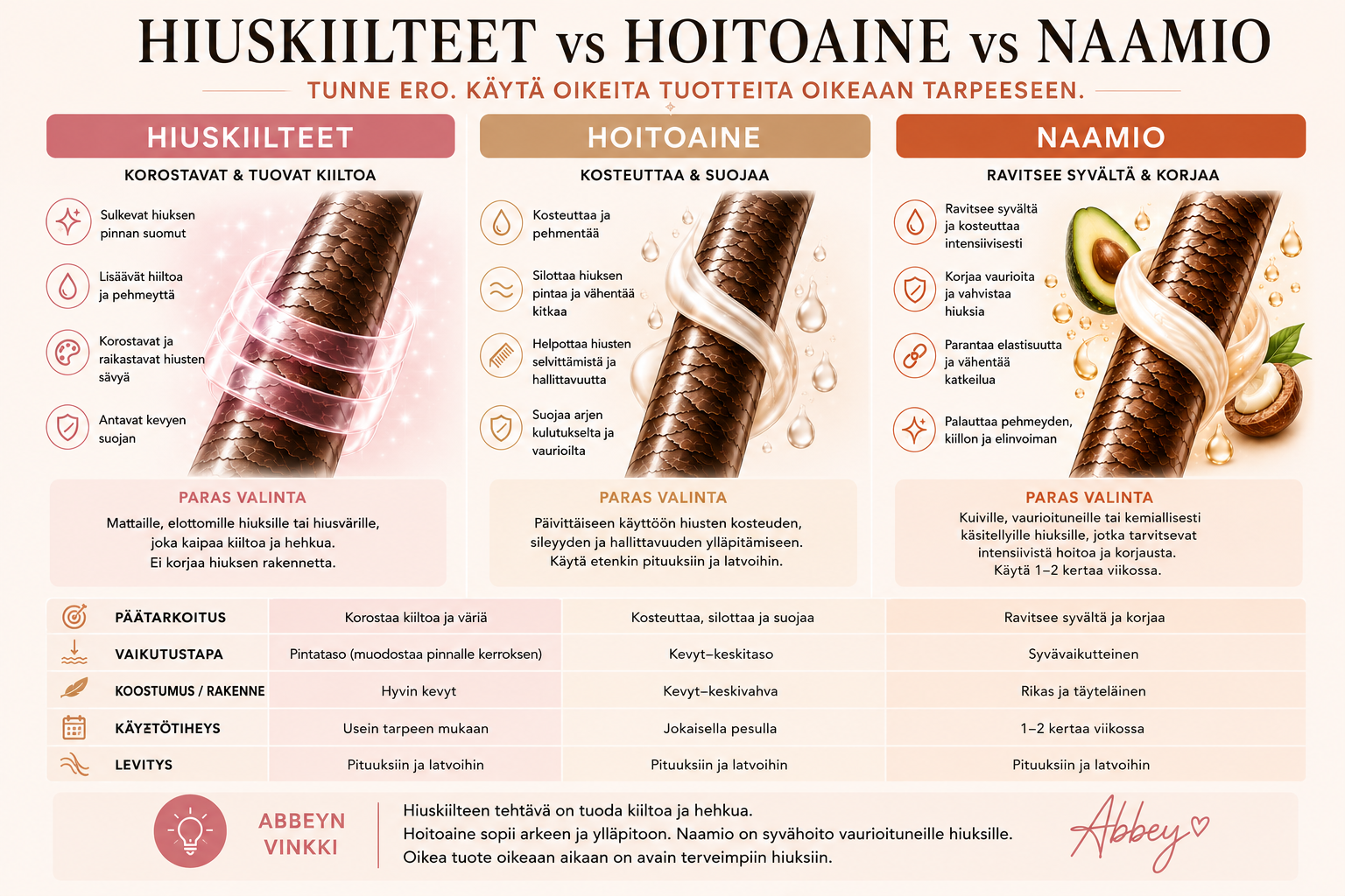 Vertailuinfografiikka hiuskiilteiden, hoitoaineen ja hiusnaamion eroista, hyödyistä ja käyttötarkoituksista