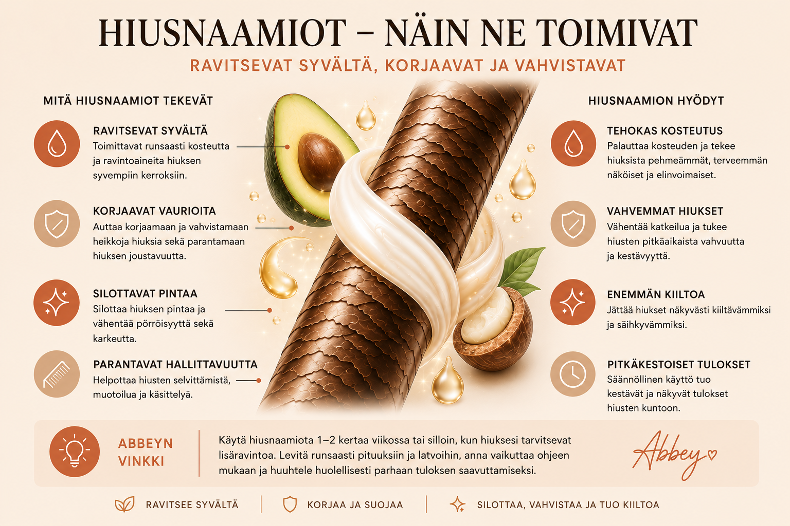 Infografiikka siitä, kuinka hiusnaamiot ravitsevat, kosteuttavat ja vahvistavat hiuksia
