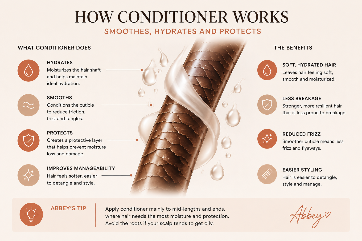 Conditioner infographic showing how conditioner hydrates, smooths and protects the hair cuticle