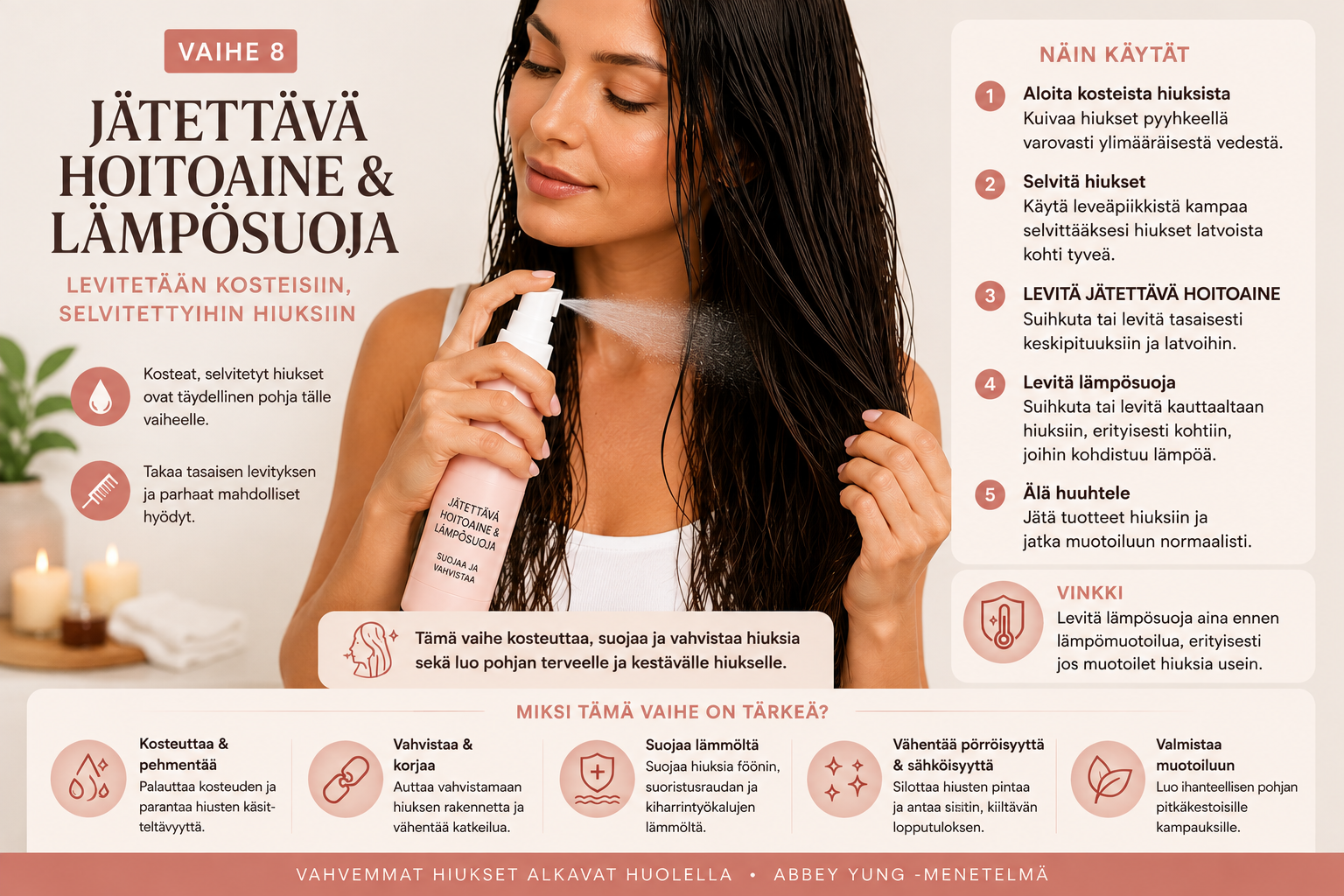 Infografiikka jätettävän hoitoaineen ja lämpösuojan levittämisestä kosteisiin, selvitettyihin hiuksiin ennen muotoilua