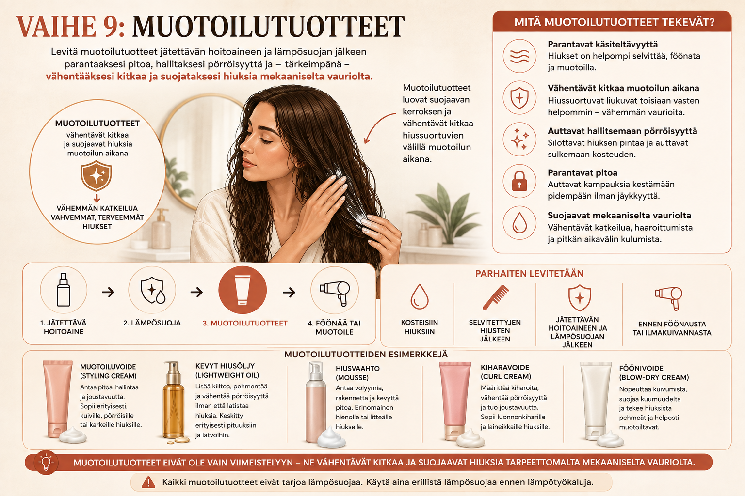 Infografiikka siitä, miten muotoilutuotteet vähentävät kitkaa, parantavat käsiteltävyyttä ja auttavat suojaamaan hiuksia mekaaniselta vauriolta muotoilun aikana