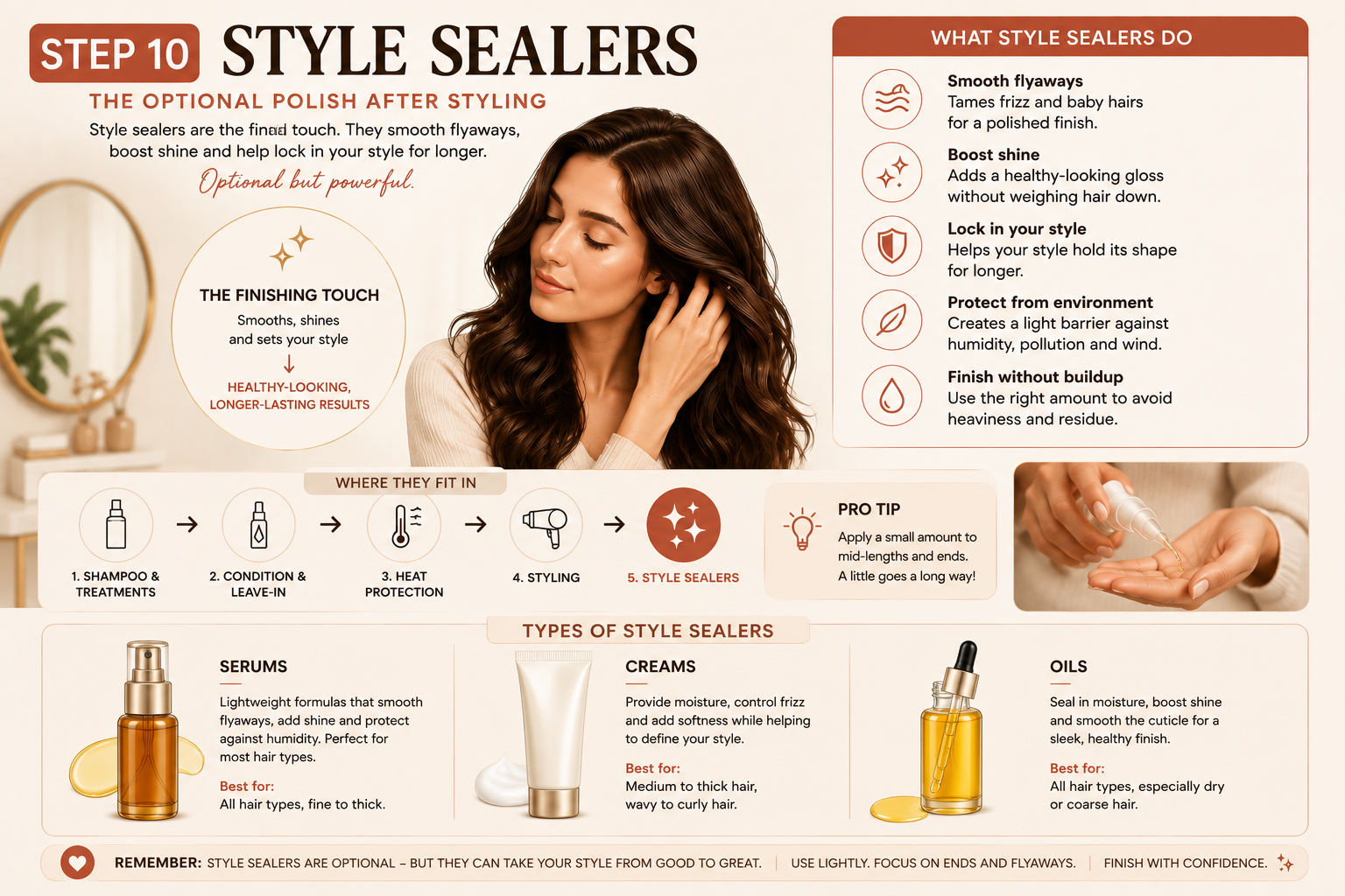 Infographic showing how style sealers such as serums, creams and oils are applied after styling to smooth flyaways, add shine and polish the finished hairstyle